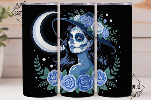 Blue Sugar Skull Witch 20oz Tumbler Wrap Sublimation sassyprint 