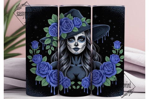Blue Sugar Skull Witch 20oz Tumbler Wrap Sublimation sassyprint 