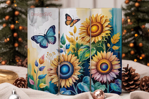 Blue Sunflower Butterfly 20oz Tumbler Sublimation DesignSVG 
