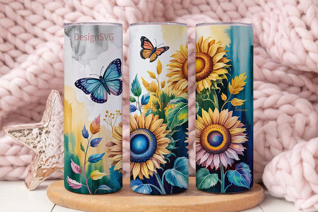Blue Sunflower Butterfly 20oz Tumbler Sublimation DesignSVG 