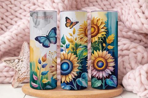 Blue Sunflower Butterfly 20oz Tumbler Sublimation DesignSVG 