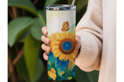 Blue Sunflower Butterfly 20oz Tumbler Sublimation DesignSVG 