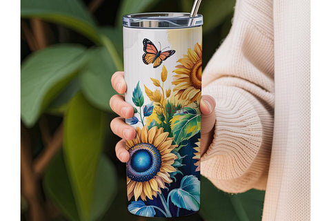 Blue Sunflower Butterfly 20oz Tumbler Sublimation DesignSVG 