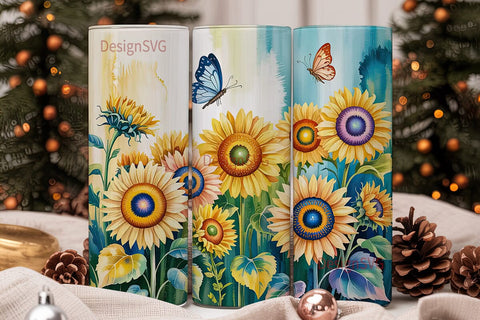 Blue Sunflower Butterfly 20oz Tumbler Sublimation DesignSVG 
