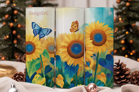 Blue Sunflower Butterfly 20oz Tumbler Sublimation DesignSVG 