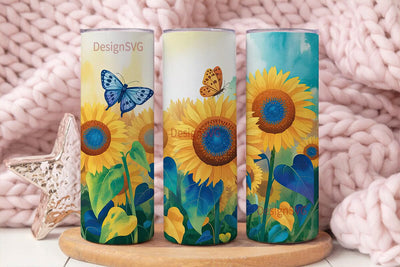 Blue Sunflower Butterfly 20oz Tumbler Sublimation DesignSVG 