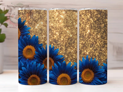 Blue Sunflower Glitter Tumbler Wrap, Gold Glitter Wrap, 20oz Sublimation Wrap, Sparkle Sunflower Cup, Floral Glitter Tumbler, Elegant Ombre Design, Glam Sunflower Wrap Sublimation Lara' s Designs 