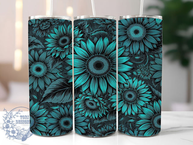 Blue Sunflower Graphic Glow 20oz Tumbler, Blue Theme, Sunflower Motif, Graphic Style, Glow Effect, Bold Charm, Skinny Tumbler, Sublimation PNG Sublimation ToriDesigns 