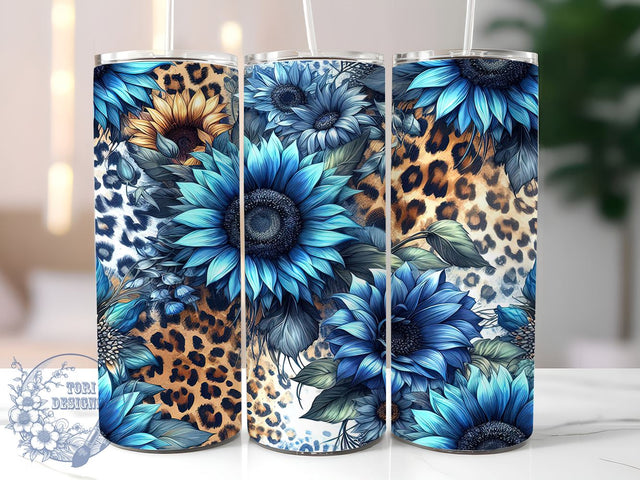 Blue Sunflower Leopard Cowhide Tumbler, Blue Sunflower Tumbler Png, Straight & Tapered Tumbler Wrap, Instant Digital Download Sublimation ToriDesigns 