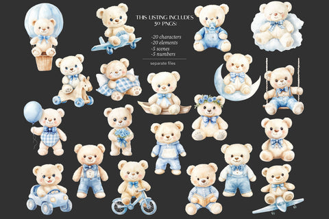 Blue Teddy Bear Clipart | Baby Boy Shower | Birthday Bear SVG GlamArtZhanna 