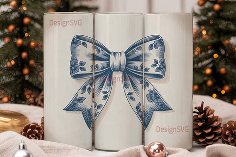 Blue Toile Bow 20oz Tumbler Wrap Sublimation DesignSVG 