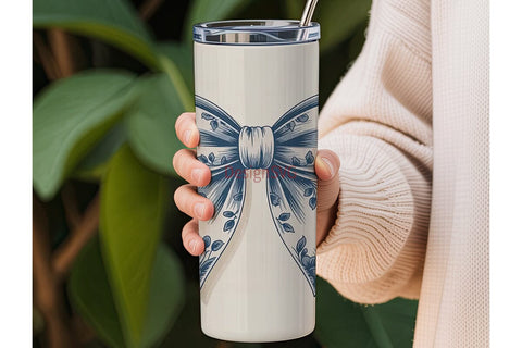 Blue Toile Bow 20oz Tumbler Wrap Sublimation DesignSVG 