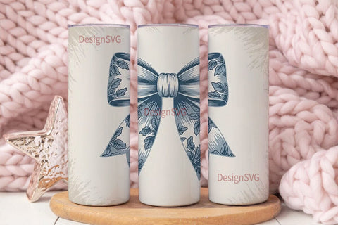 Blue Toile Bow 20oz Tumbler Wrap Sublimation DesignSVG 