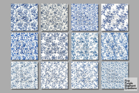 Blue Toile Elegance Digital Paper - Delicate Flower Garden Chinoiserie Digital Pattern Fine Purple Elephant Creations 