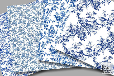 Blue Toile Elegance Digital Paper - Delicate Flower Garden Chinoiserie Digital Pattern Fine Purple Elephant Creations 