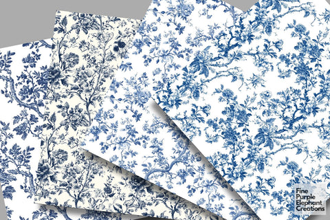 Blue Toile Elegance Digital Paper - Delicate Flower Garden Chinoiserie Digital Pattern Fine Purple Elephant Creations 
