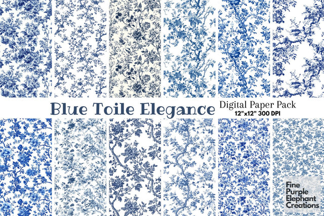 Blue Toile Elegance Digital Paper - Delicate Flower Garden Chinoiserie Digital Pattern Fine Purple Elephant Creations 