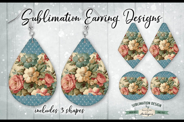 Blue Victorian Floral Sublimation Earring Designs | 3 PNG Shapes Sublimation Ewe-N-Me Designs 