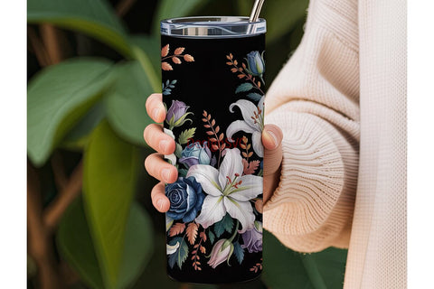 Blue Watercolor Floral 20oz Tumbler Wrap Sublimation DesignSVG 