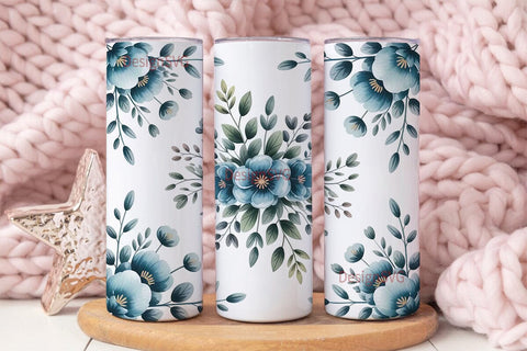 Blue Watercolor Floral 20oz Tumbler Wrap Sublimation DesignSVG 