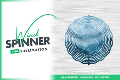Blue Watercolor Wind Spinner Round Png Design on Wood Grain Background Sublimation Regulrcrative 