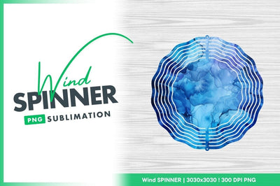 Blue Watercolor Wind Spinner Round Png Design with White Lines on Wood Grain Sublimation Regulrcrative 