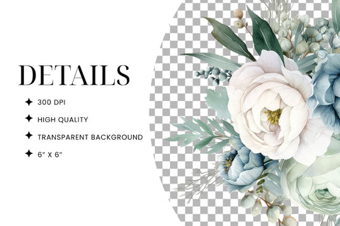 Blue & White Watercolor Floral Bouquets, Wreaths & Elements Sublimation BijouBay 