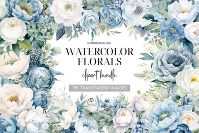 Blue & White Watercolor Floral Bouquets, Wreaths & Elements Sublimation BijouBay 