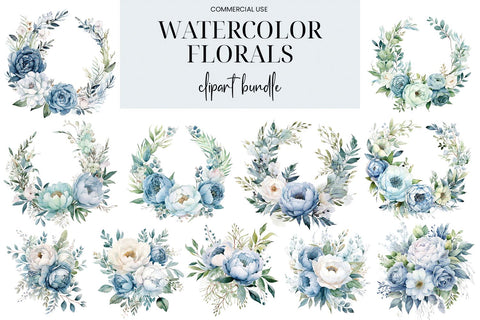 Blue & White Watercolor Floral Bouquets, Wreaths & Elements Sublimation BijouBay 