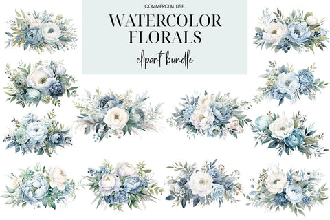 Blue & White Watercolor Floral Bouquets, Wreaths & Elements Sublimation BijouBay 