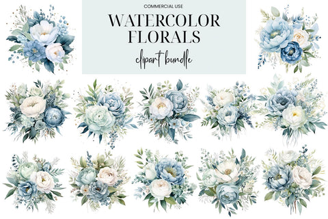 Blue & White Watercolor Floral Bouquets, Wreaths & Elements Sublimation BijouBay 