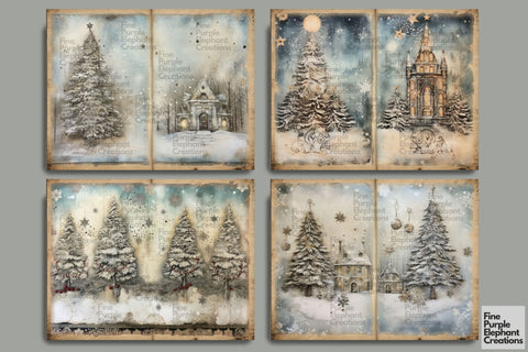 Blue Winter Village | Junk Journal Pages Digital Pattern Fine Purple Elephant Creations 