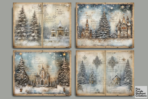 Blue Winter Village | Junk Journal Pages Digital Pattern Fine Purple Elephant Creations 