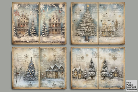 Blue Winter Village | Junk Journal Pages Digital Pattern Fine Purple Elephant Creations 