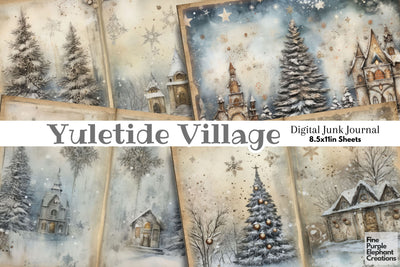 Blue Winter Village | Junk Journal Pages Digital Pattern Fine Purple Elephant Creations 