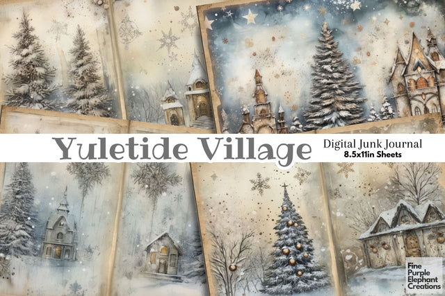 Blue Winter Village | Junk Journal Pages Digital Pattern Fine Purple Elephant Creations 