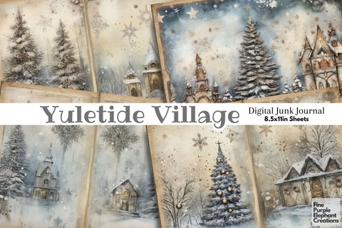 Blue Winter Village | Junk Journal Pages Digital Pattern Fine Purple Elephant Creations 