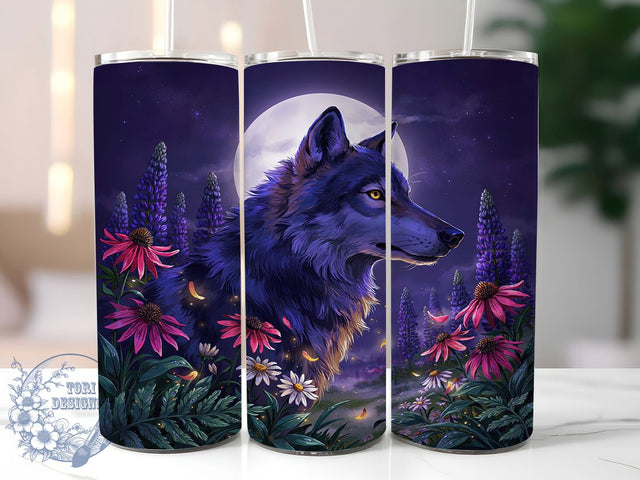 Blue Wolf Purple Wildflowers 20oz Tumbler, Blue Wolf, Purple Wildflowers, Forest Motif, Sublimation Wrap, 20oz Tumbler, Mystic Aesthetic, Nature Charm Sublimation ToriDesigns 