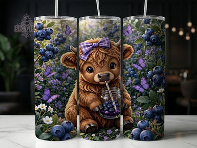 Blueberry Highland Cow 20oz Tumbler, Blueberry highland cow, Highland cow tumbler, 20oz skinny tumbler, Cute cow design, Sublimation tumbler wrap, Blueberry fruit print, Highland cow Sublimation SvggirlplusArt 
