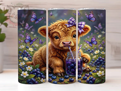 Blueberry Highland Cow 20oz Tumbler, Highland Cow, Blueberry Motif, Rustic Charm, Farmhouse Style, Whimsical Design, Skinny Tumbler, Sublimation PNG Sublimation Lara' s Designs 