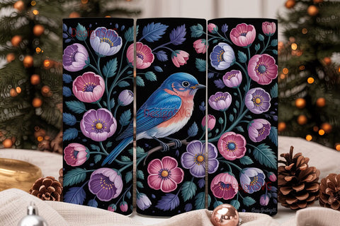 Bluebird & Flowers 20oz Tumbler Wrap Sublimation DesignSVG 