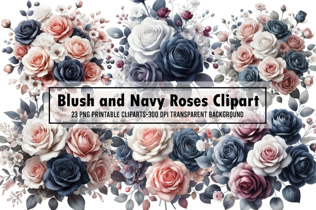 Blush and Navy Roses Clipart Sublimation designartist 