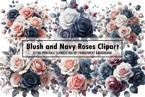 Blush and Navy Roses Clipart Sublimation designartist 
