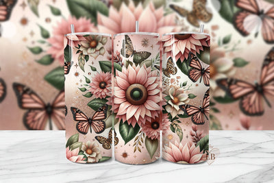 Blush Pink Sunflower Butterfly Tumbler PNG Sublimation BijouBay 