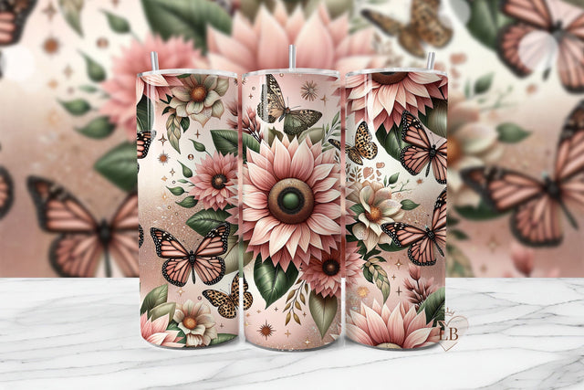 Blush Pink Sunflower Butterfly Tumbler PNG Sublimation BijouBay 