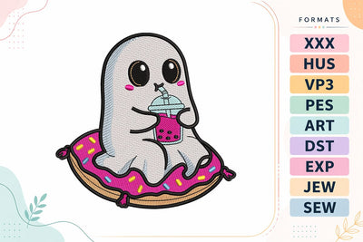 Boba Ghost Sitting on Donut Halloween Embroidery Design Embroidery/Applique DESIGNS sg embroidery 