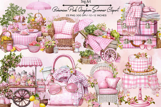 Bohemian Pink Gingham Summer Clipart Bundle. Sublimation SVGArt 