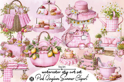 Bohemian Pink Gingham Summer Clipart Bundle. Sublimation SVGArt 