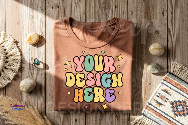Bohemian T-shirt Mockup on a Warm Rustic Background Mock Up Photo Sublimatiz Designs 