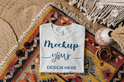 Bohemian T-shirt Mockup with Ethnic Pattern Woven Background Mock Up Photo Sublimatiz Designs 
